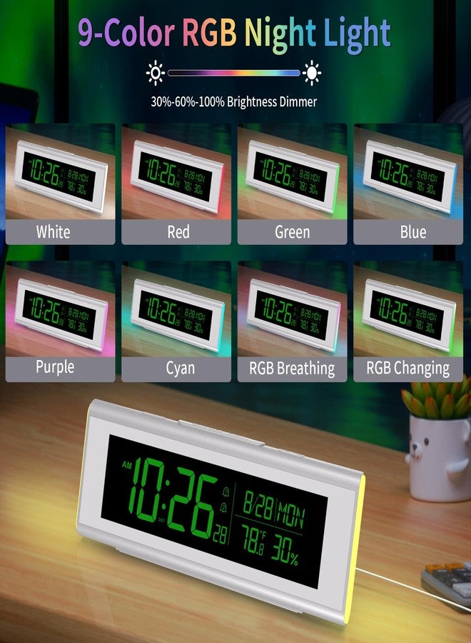 ساعات منبه رقمية لغرف النوم، ساعة مكتبية LED مع إضاءة ليلية RGB، وخاصية التحكم في شدة الإضاءة، وعرض التاريخ واليوم ودرجة الحرارة على شاشة كبيرة، ديكور عصري للمكتب، هدية للأطفال والمراهقين والبالغين (فضي) - Image 5